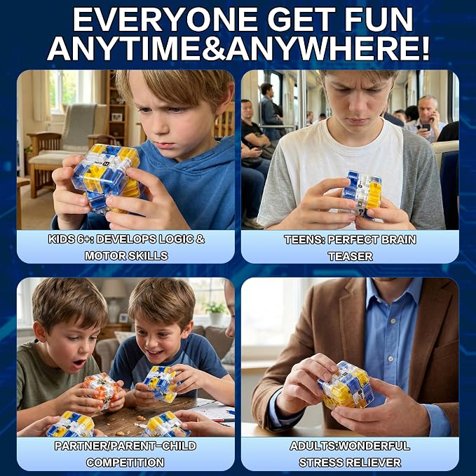 3D Maze Cube - 2-in-1 Twist & Roll Brain Teaser Toy for Kids & Adults, Large Labyrinth Logic Game, Educational STEM Gift for Boys Girls (Blue)