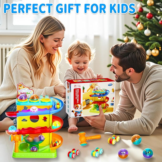 Funwee 2-in-1 Light Up Rolling Ball & Racing Car Ramp Toddler Toy, Race Track Hammer Ball Drop Toys, Interactive Montessori Learning Game for Kids 1-5+ Year Old Girl Boy Gift(Yellow)