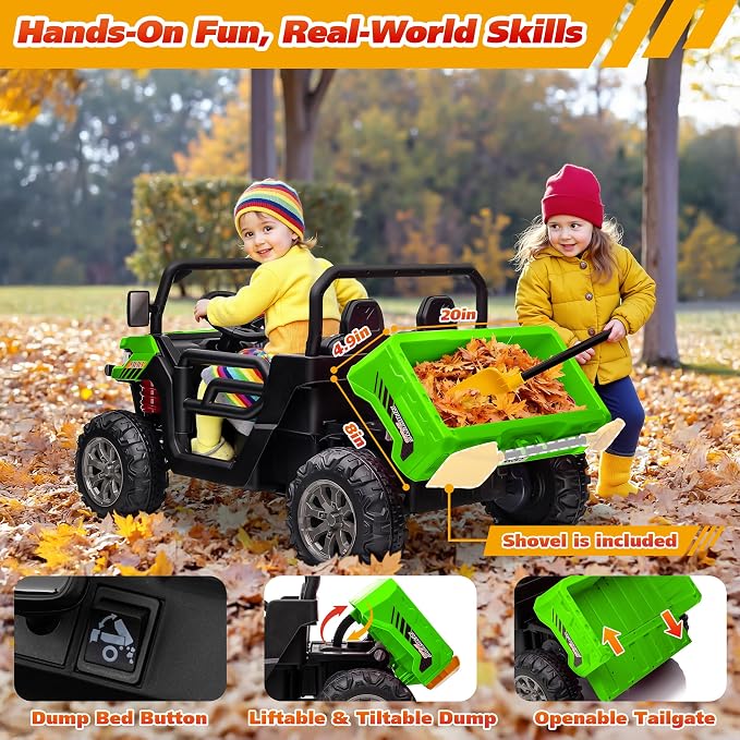 Joyracer 4WD 24 Volt Ride on Toys, 800W Ride on Truck for Kids, 2 Seater Power Car Wheels w/Dump Bed & Shovel, Ride on UTV w/Remote Control, Bluetooth, LED Lights,Green