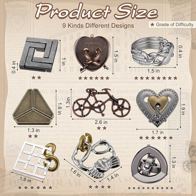 Wettarn 9 Pcs Metal Brain Teaser Puzzles 3D Steel Puzzle Set for Adults IQ Logic Challenge Disentanglement Unlock Interlocking Games Smart Logic Test Toys for Adults Mind Challenge(Charming Style)