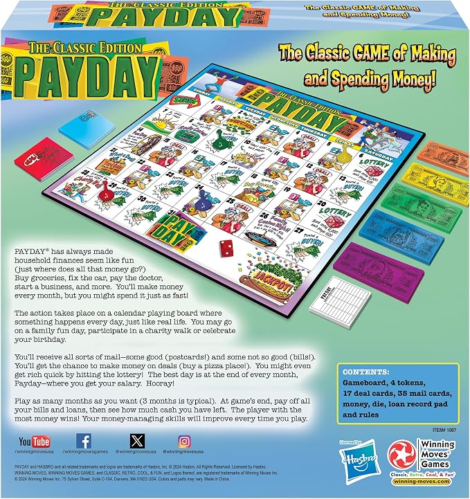 The Game of Pay Day with Popular 1970's Artwork by Winning Moves Games USA, Where Players Make and Spend Money for Fun, for 2-4 Players, Ages 8+