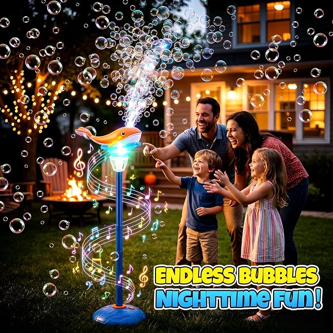 Standing Bubble Machine for Kids Outdoor, Whale Bubble Torch with Light Lamp Music, 47" Adjustable Height Automatic Bubble Blower Maker Fountain Tower, Stand Up Outside Bouncer Handheld Lanterns Toys