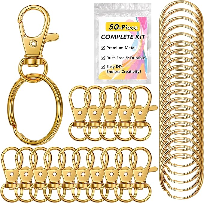 Gold Keychain Making Kit 50PCS – 25 Lobster Claw Clasps & 25 Key Rings, DIY Jewelry Craft Accessories for Handmade Projects