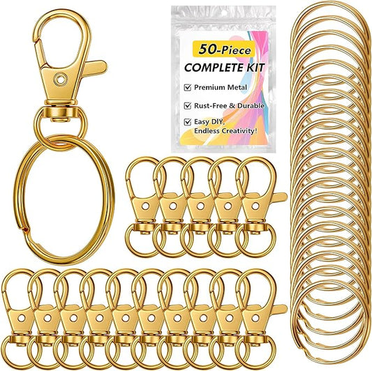 Gold Keychain Making Kit 50PCS – 25 Lobster Claw Clasps & 25 Key Rings, DIY Jewelry Craft Accessories for Handmade Projects