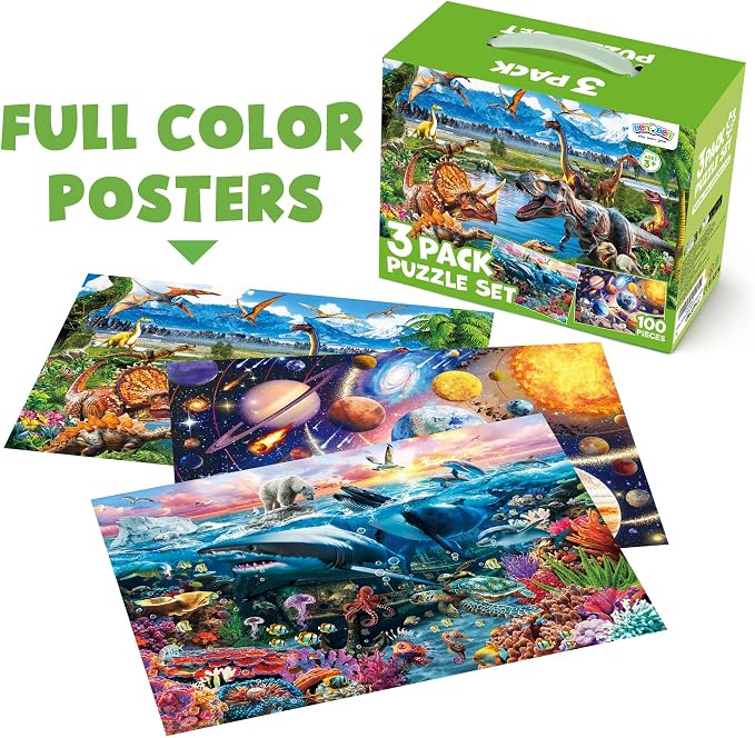 BenBen Puzzles for Kids Ages 4-6, 3 Pack 100 Pieces Large Puzzles for Toddlers 3-5 (Dinosaurs, Outer Space, Ocean Life), Learning & Educational Games for Kids 6-8, 19.75” x 13.75”