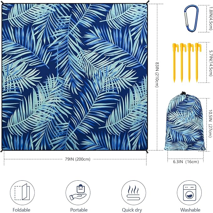 WIWIGO Beach Blanket Waterproof Sandproof Beach Mat 79" X 83"/10'x9'for 2-8 Adults Quick Drying Outdoor Picnic Mat Beach Accessories for Travel, Camping, Hiking