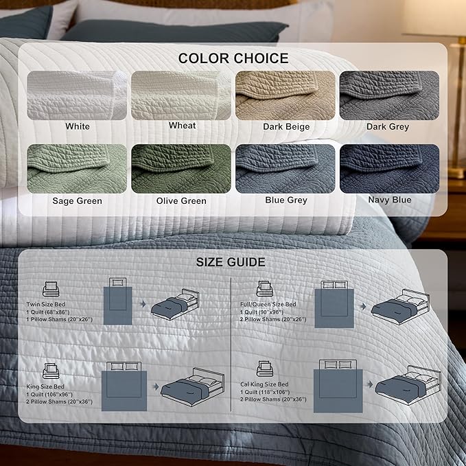palassio Striped Dark Grey 100% Cotton Quilt King Size Bedding Sets, Lightweight Crinkly Channel Pick Stitch Textured Bedspread Soft Shabby Chic Farmhouse Country Coverlet for All Season, 2 Shams