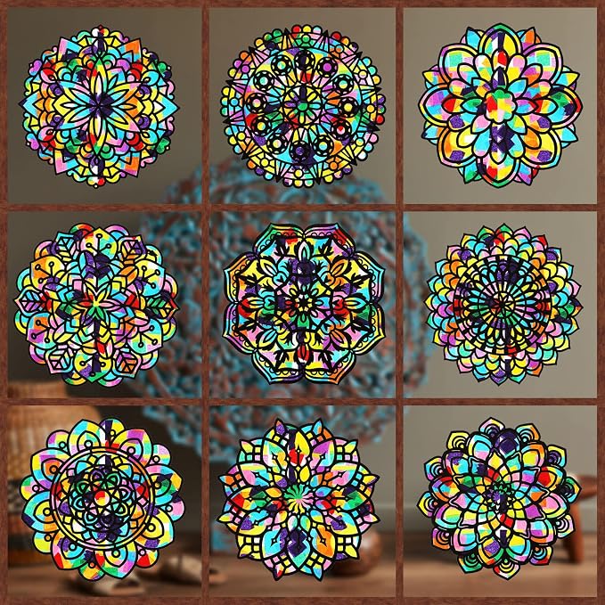 Tinlade 18 Pack Color Mandala Window Clings DIY Kit Stained Glass Kits for Adults Suncatchers for Windows Arts and Crafts DIY for Adults Mandala Sun Catcher for Beginner Teens, 6 x 6 Inches(Colorful)