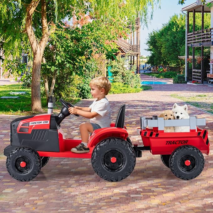 Costzon 24V Ride on Tractor with Detachable Trailer, Kids' Electric Vehicles with 3 Speeds, 15° Climbing, Wireless Design, Horn & Music, Remote Control Tractor Toy for Kids 3+,Gift (24V, Red)