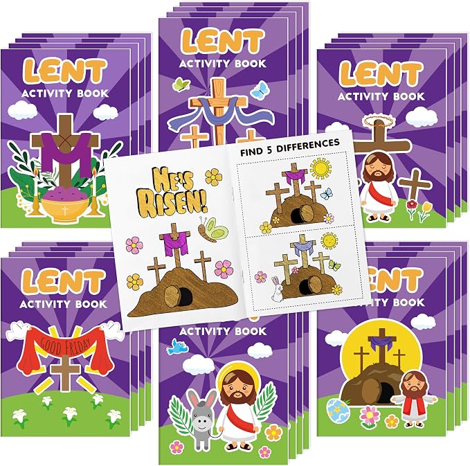 Easter Lent Activity Books for Kids - 24Pcs Christian Lent Mini DIY Games Coloring Book Set Bulk Mazes Word Search Word Scramble Games for Sunday School Classroom Easter Spring Holiday Party Favors