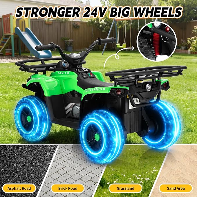 TOBBI 24V Kids Electric Ride On ATV, Battery-Powered 4 Wheels Ride On Car with Storage Basket, Three-Speed, LED Light, Music, Ride On Toy for Kids 3-8 Years-Green