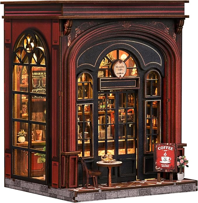 ISSEVE Coffee Shop Book Nook Kit for Adults with LED Light, Bookshelf Decor | DIY Miniature Dollhouse, Book Ends Decor, Gifts for Book Lovers Women Family Friends, Holiday Gift, 3D Wooden Puzzle