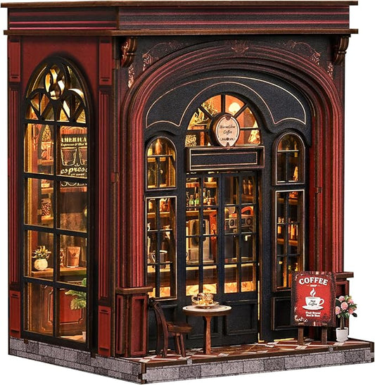 ISSEVE Coffee Shop Book Nook Kit for Adults with LED Light, Bookshelf Decor | DIY Miniature Dollhouse, Book Ends Decor, Gifts for Book Lovers Women Family Friends, Holiday Gift, 3D Wooden Puzzle
