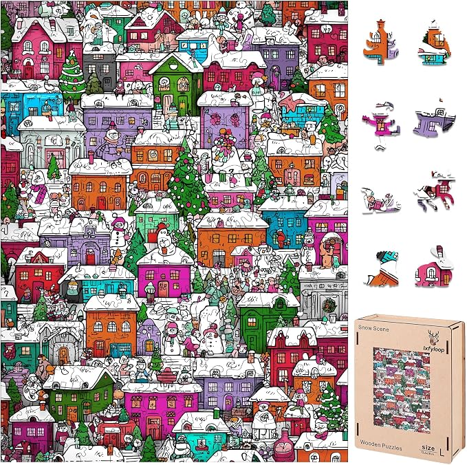 Ixfyloop Christmas Village Wooden Puzzles for Adults, Snowman Building Unique Shaped Jigsaw Puzzles 497 Pieces, Winter Challenging Puzzle Perfect for Family Games Lovers 13.6x18 Inch