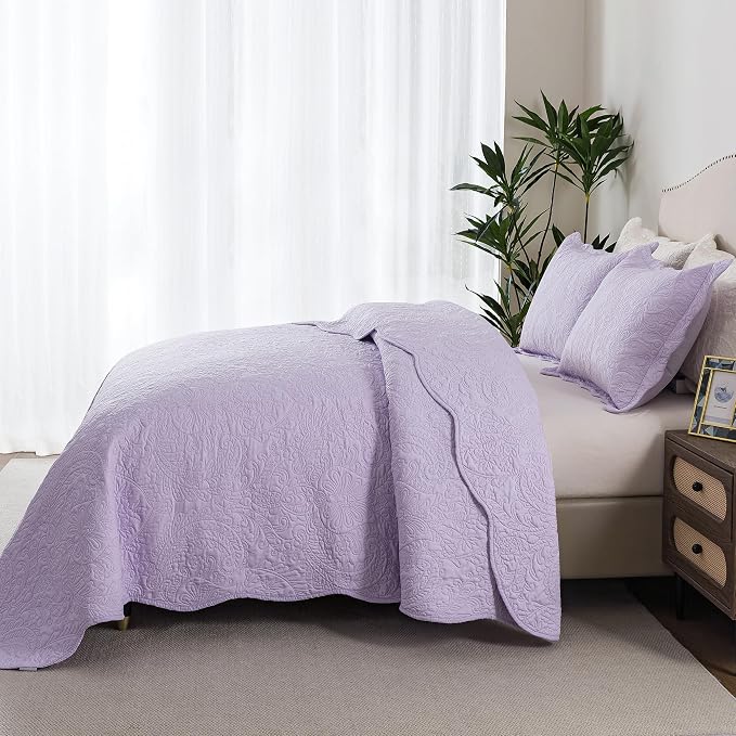 HoneiLife Quilt Sets King Size - Microfiber Bedspreads for King Bed, 3-Piece Lightweight Coverlets, Retro Bedlinen Sets, King Quilt Bedding Set All Season Use-Light Purple
