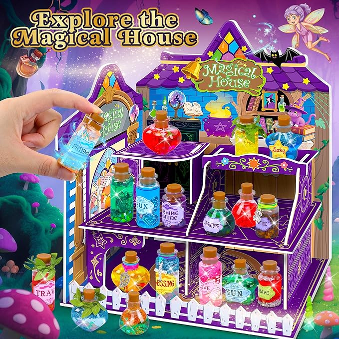 Fairy Magic Potions Kit for Kids, with Magical House, 26 DIY Mixed Magic Wizard Potion Bottles, Mystery Potions Craft Kit, Christmas Decorations Birthday Gifts for Age 6 7 8 9 10+ Year Old Girls Boys