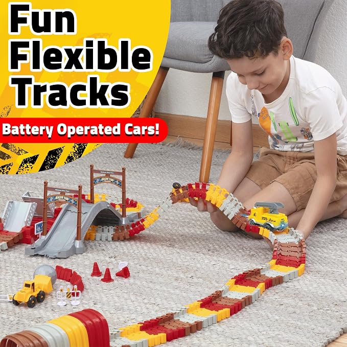 USA Toyz Snap Trax Construction Set Race Tracks for Kids and 2 LED Toy Cars- 251 Pk STEM Building Toys Bendable Race Car Track for Boys Girls, 3 Construction Trucks, Crane, Bridges, 2 Light-Up Trucks
