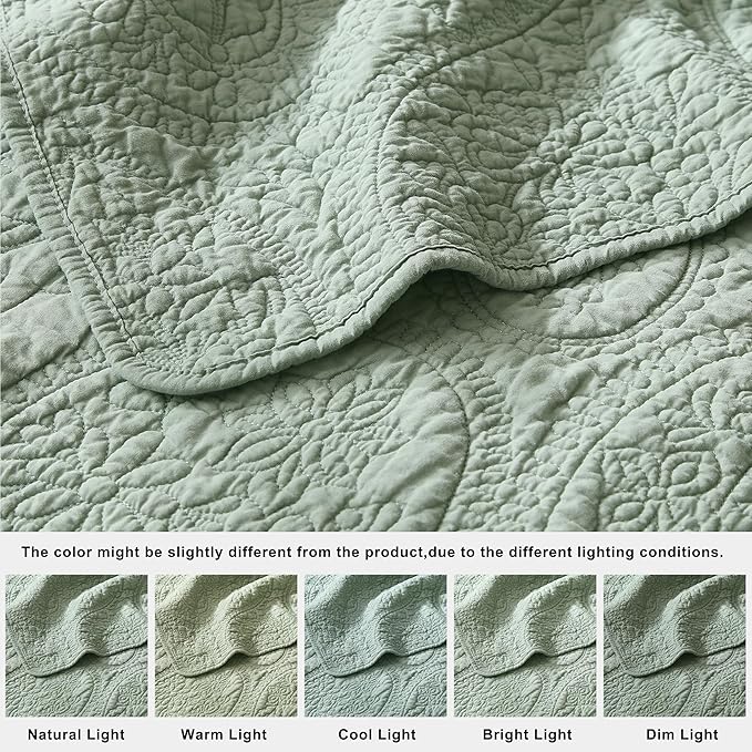 palassio Sage Green Paisley 100% Cotton Quilt Twin Size Bedding Sets with 1 Pillow Sham, Boho Floral Lightweight Farmhouse Country Vintage Soft Bedspread Shabby Chic Coverlet for All Season, 2 Pieces
