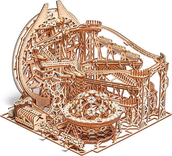 Wood Trick Wooden Marble Run Electric Motorized - 3D Wooden Puzzles for Adults to Build - 15x14 in - Roller Coaster Wooden Model Kits for Adults to Build