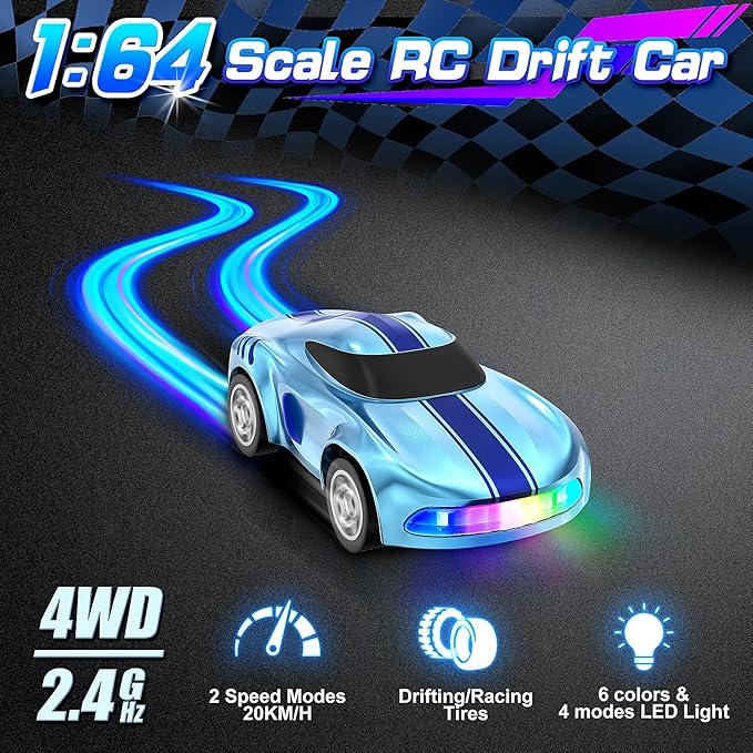 RC Drift Car, 1/64 Mini Drift RC Cars 4WD Micro Remote Control Car with LED Lights and Speed Switch, Ideal Birthday Cars Toys for Adults Kids Boys Age 6 7 8-12, Blue