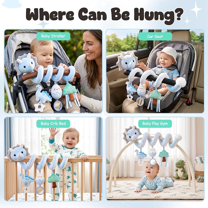 Stuffed Dinosaur Spiral Car Seat Toys Hanging for Babies 0-3 3-6 6-12 Months, Plush Infant Stroller Toy with Silicone Teether, Crinkle and Squeaker, Soft Cute Shower Gifts for Newborn Boys Girls