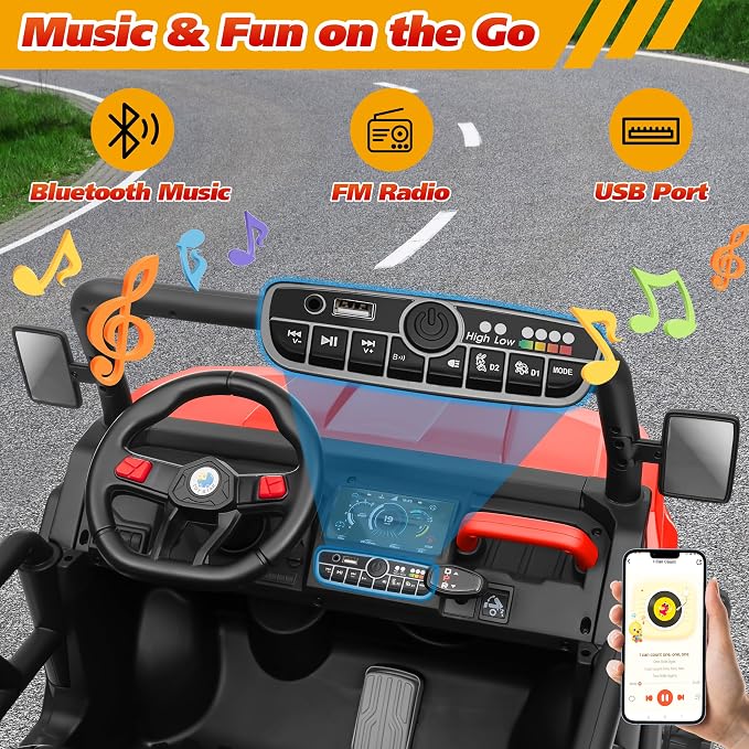 Joyracer 4WD 24 Volt Ride on Toys, 800W Ride on Truck for Kids, 2 Seater Power Car Wheels w/Dump Bed & Shovel, Ride on UTV w/Remote Control, Bluetooth, LED Lights, Red