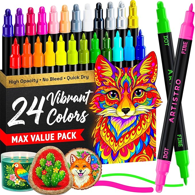 ARTISTRO 24 Precision Dual-Tip Acrylic Paint Markers – Paint Pens Set with Dot & Fine Tips for Fabric, Rock, Glass, Wood, Coloring Books – Arts & Crafts Gift – Classroom Must Haves & School Supplies