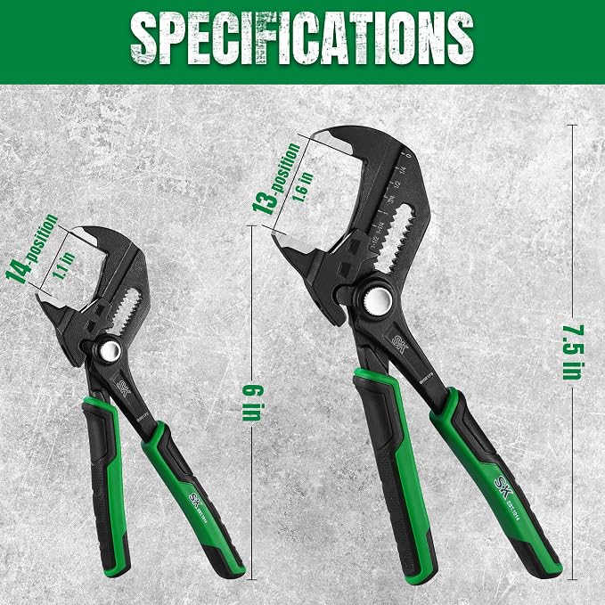 SK 2-Piece Pliers Wrench Set, Adjustable Parallel Smooth Jaw Pliers, 6-Inch, 7.5-Inch, Premium CR-V Construction, with Pocket Tool Pouch