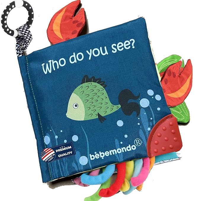 Fish Baby Book, Crinkle Books for Babies, Touch & Feel Soft Books, Infant Baby Toys 0-3 0-6 6-12 Months, Sensory Mirror Toy, Teether Ring, Baby Shower, Baby Basket Stuffers,Gifts for Boys Girls -Blue