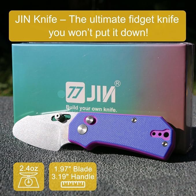 JIN Rhino Jr. Kids Pocket Knife, Fidget Toy Knife, DIY Kit, 1.97” Unsharpened Steel Blade, Safety Rounded Tip, Kids-friendly Button Lock Folding EDC, Blue Multi G10 Handle