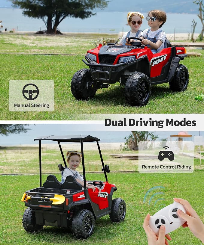 ELEMARA 24V Ride on Toy for Big Kid,Ride on Car 2 Seater w/Sun Shade,Dump Bed & Shovel,4.5MPH,4WD Electric Car for Kids,Battery Car w/Remote,Kids Ride on Truck,3 Speed,LED Lights,Bluetooth, Ruby