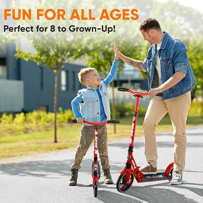 Hurtle Renegade Kick Scooter for Kids, Teenagers & Adults - 2-Wheel Folding Scooter with Adjustable T-Bar Handlebar - Alloy Anti-Slip Deck