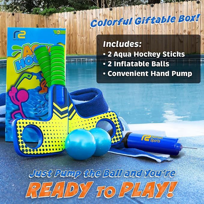 Fun Mini Hockey Sticks Game - Play at the Pool & Beach or in Home - For Kids & Adults All Ages - Use The Floating Soft Paddles to Shoot the Water Skipping Balls - Comes With 2 Sticks & 2 Balls