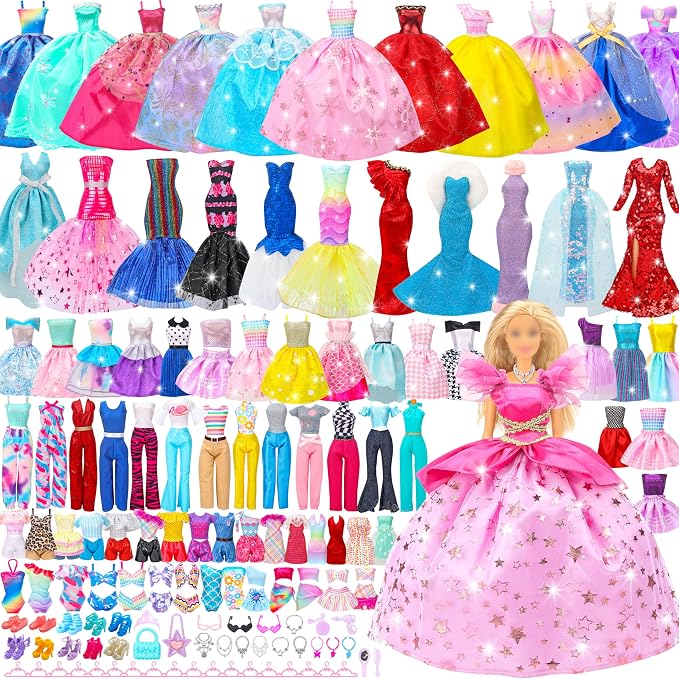 Style Shine Doll Clothes and Accessories Kit,4 Wedding Gowns 2 Evening Dresses 8 Fashion Dresses 6 Set Casual Outfit Top and Pant 2 Swimsuit,18 Hanger 10 Shoe 20 Accessories Toys for Girls Kid Gift