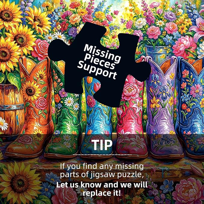 1000 Piece Puzzle for Adults, Colorful Flower Boots Jigsaw Puzzles, Plant Floral Boot Garden Jigsaw Puzzle, Fun Challenging Puzzle with Letters on Back, Cowgirl Blooming Boots Puzzles for Game Night