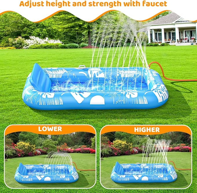 Inflatable Tanning Pool Lounger Float with Sprinkler, 77" x 48" Pool Floats Adult with Pillow, 6 in 1 Suntan Tub Raft Floatie with Drink Holder Sunbathing Water Lounge