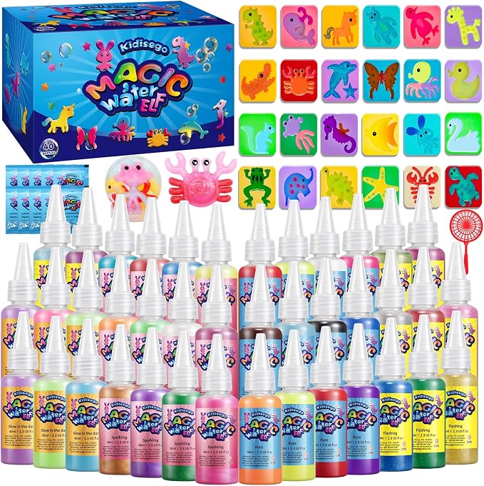 Kidisego Magic Water Elf Toy Kit, 40 Colors Aqua Fairy Water Gel Kit for Kids, Aqua Fairy kit with 24 Molds 10 Pack of Magic Powder, Crate Your Own Water Pets Craft Kits for Kids
