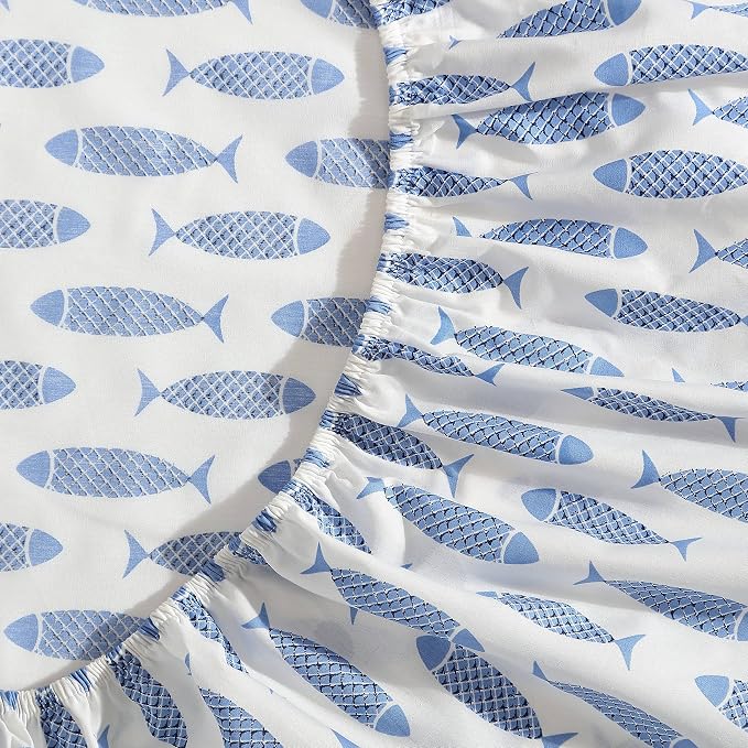 Nautica – Full Size Sheet Set, Crisp Cotton Percale Bedding with Matching Pillowcases, Lightweight & Breathable Bed Sheets, Deep Pocket, College Dorm Room Essentials (Woodblock Fish Blue)