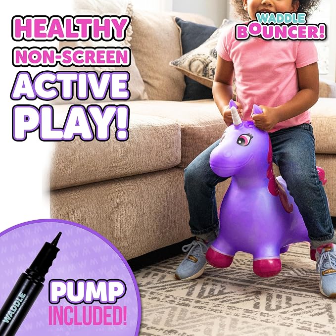 Waddle Bouncy Animal Hopper - Inflatable Hopping Animals, Indoors and Outdoors Fun, Pump Included, Riding Toys for Boys and Girls Ages 2 Years and Up, Purple Pink Unicorn