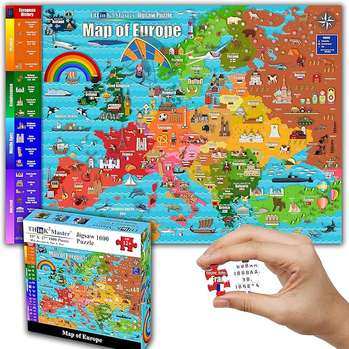 Think2Master Colorful Map of Europe 1000 Pieces Jigsaw Puzzle for Kids 13+, Teens, Adults & Families. Great Gift for stimulating Interest in the European Map. Size: 26.8” X 18.9”