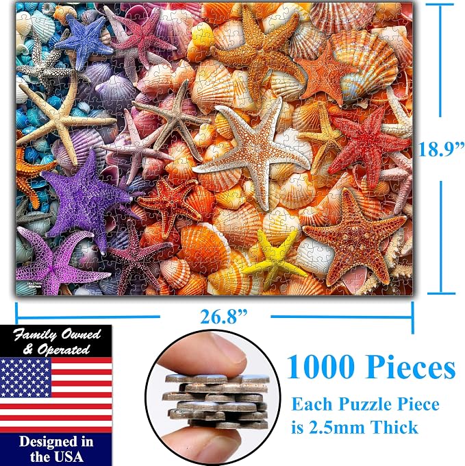 Think2Master Colorful Rainbow of Starfish & Seashells 1000 Pieces Large Format Jigsaw Puzzle for Kids 13+, Teens, Adults & Families. Beautiful Vibrant Illustration Artwork Size: 26.8” X 18.9”