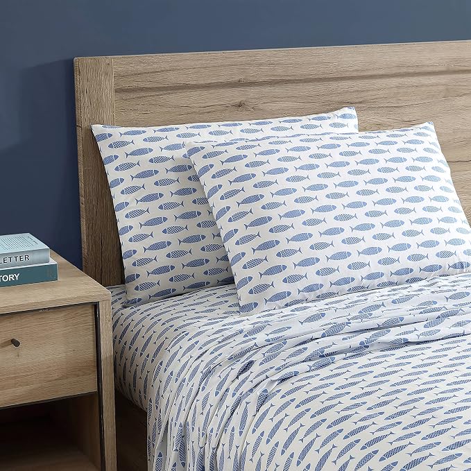 Nautica – Full Size Sheet Set, Crisp Cotton Percale Bedding with Matching Pillowcases, Lightweight & Breathable Bed Sheets, Deep Pocket, College Dorm Room Essentials (Woodblock Fish Blue)