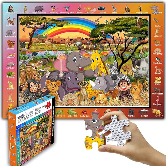 Think2Master Zoo Animals of The Savanna Jungle Safari 100 Pieces Jigsaw Puzzle. Great Gift 23.4” X 16.5”