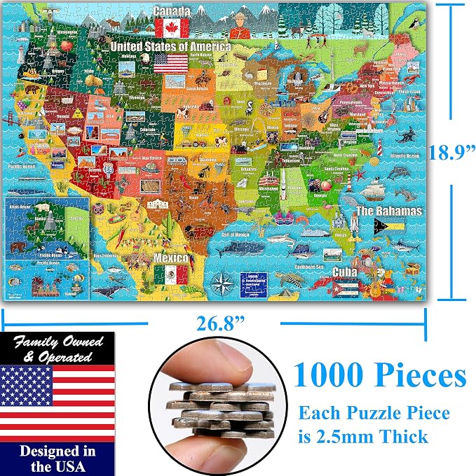 Think2Master Colorful United States Map 1000 Pieces Jigsaw Puzzle for 13+, Seniors, Adults & Families. Great Educational Gift for Interest in the USA Map. Size: 26.8” X 18.9”