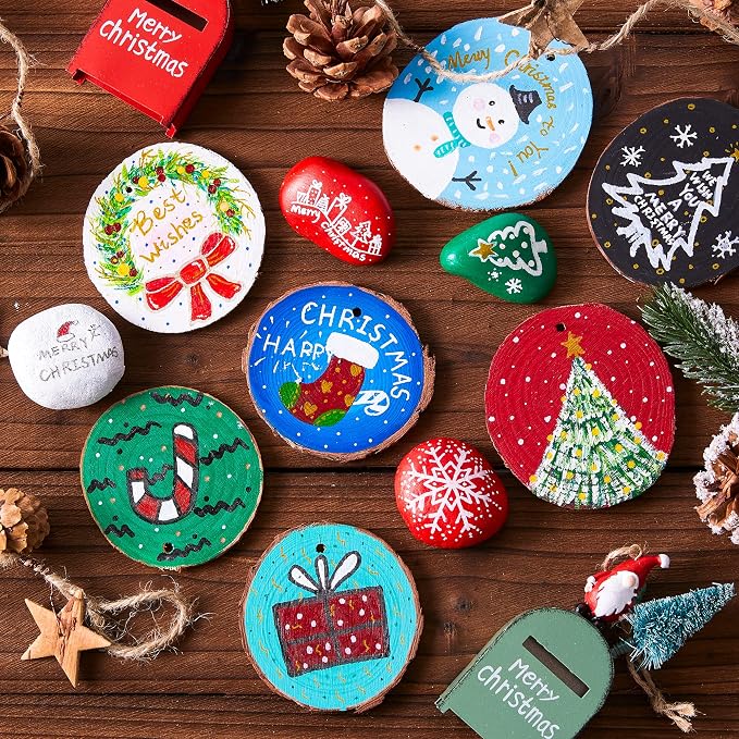 Wood Slices Kit, Shuttle Art 35 PCS Unfinished Natural Wood Slices with Pre-Drilled Hole, Acrylic Paint, Permanent Markers, Jute Twine, DIY Craft for Kids Adults Holiday Decoration Christmas Ornaments
