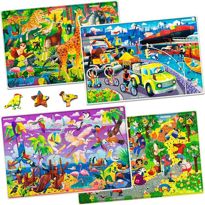 QUOKKA Wooden Kids Puzzles Ages 4-6 – 4 x 60 Piece Puzzles for Kids Ages 4-8 – Wood Toddler Games for 3-5 Year Olds – Cars Ships and Animals Toy for Boys and Girls