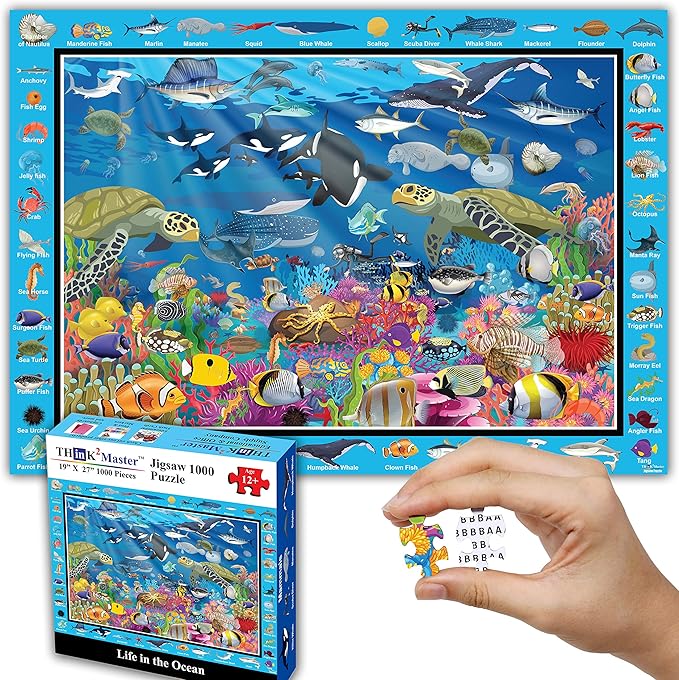 Think2Master Colorful Ocean Life 1000 Pieces Jigsaw Puzzle for Kids 13+, Teens, Adults & Families. Great Gift for stimulating Learning About Coral Reefs. Size: 26.8” X 18.9”