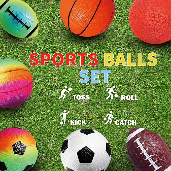 8.5 Inch Sports Balls Set 7 Pack,Playground Balls for Kids&Adults, Includes Soccer Ball, Basketball, and Football,Rainbow Ball for Outdoor & Indoor Games, Boys and Girls Gift with Gift Box