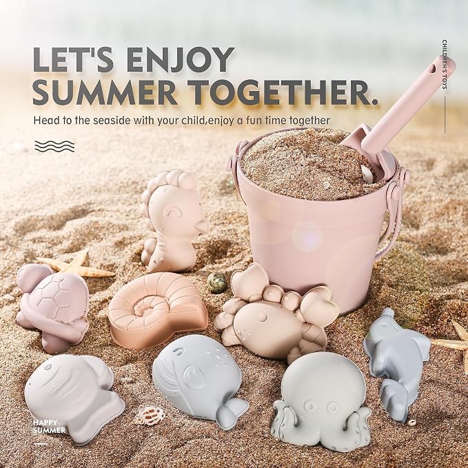 MarcZero 11Pcs Silicone Beach Toys,Modern Baby Beach Toys,Travel Friendly Beach Set,Silicone Bucket, Shovel, 8 Sand Molds, Beach Bag,Silicone Sand Toys for Toddlers, Kids (Pink)