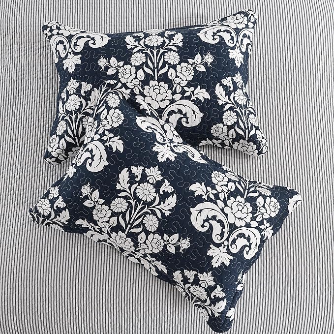 Quilt Queen Size, 100% Cotton Navy Blue Quilt Set Lightweight Quilted Bedspread, Navy Blue White Floral Pattern Farmhouse Reversible Queen Quilt Bedding Set for All Season,3-Piece